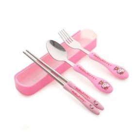 Children's three-piece cartoon cutlery stainless steel chopsticks spoon fork travel cutlery (Coor: pink)